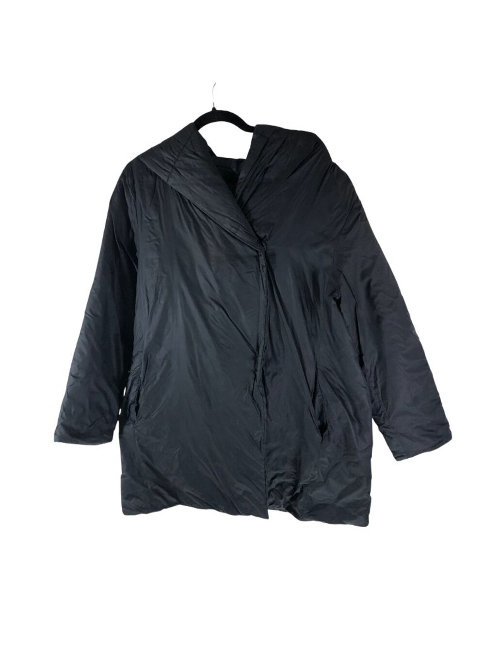 Eileen Fisher M Black Recycled Nylon Hooded Snap Front Puffer Jacket Coat